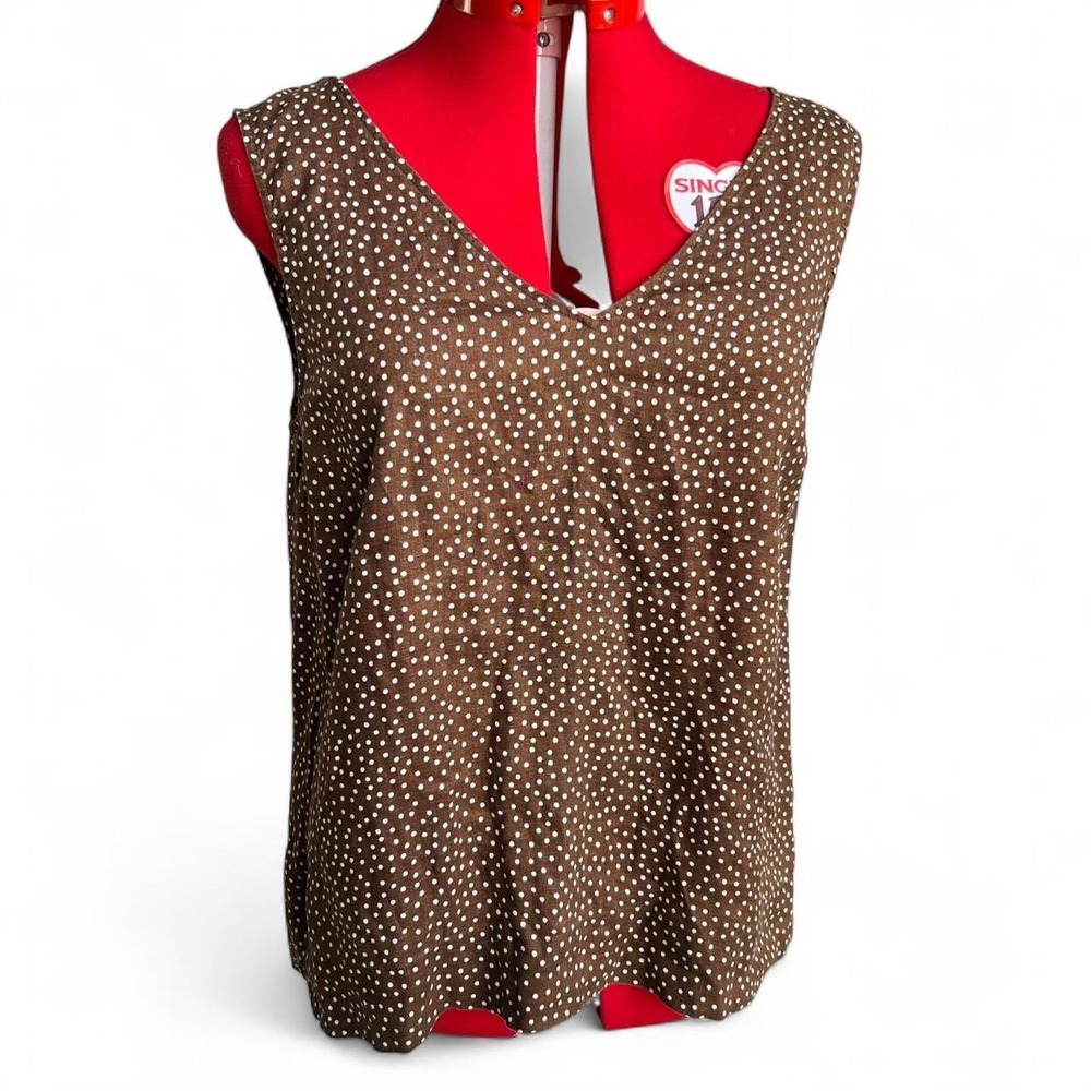 Sussan Brown & White Polka Dot Linen V Neck Tank Top Size 12